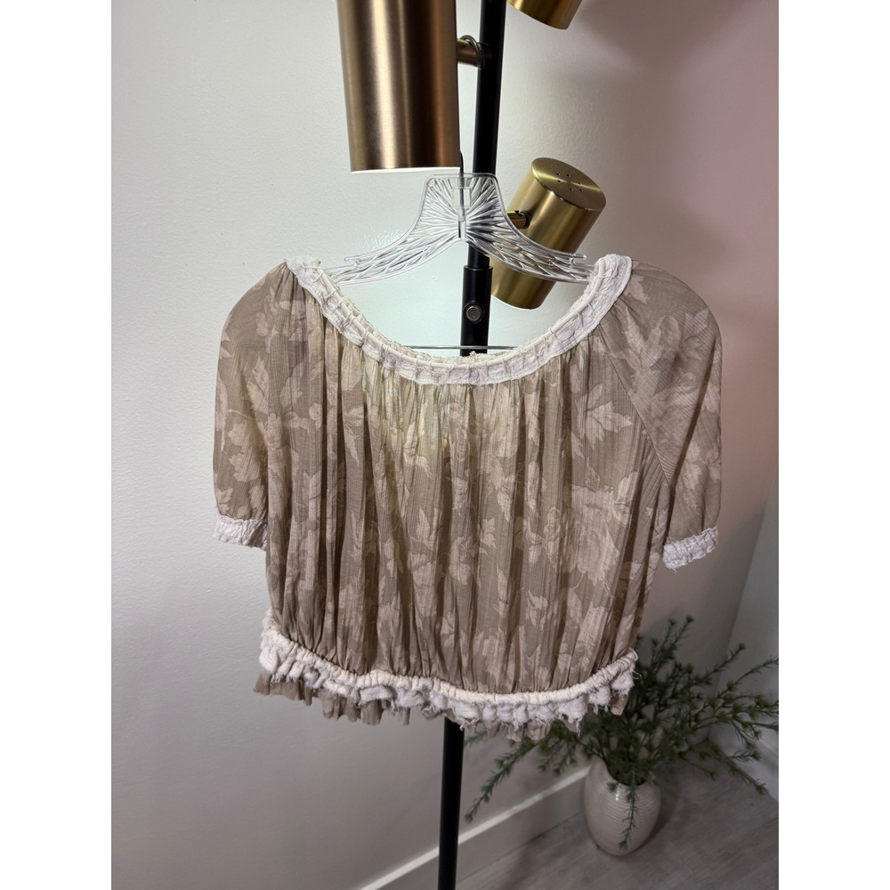 Free People Floral Mesh Puff Sleeve Crop Top Taupe Beige XS Bohemian Peasant - Picture 5 of 6